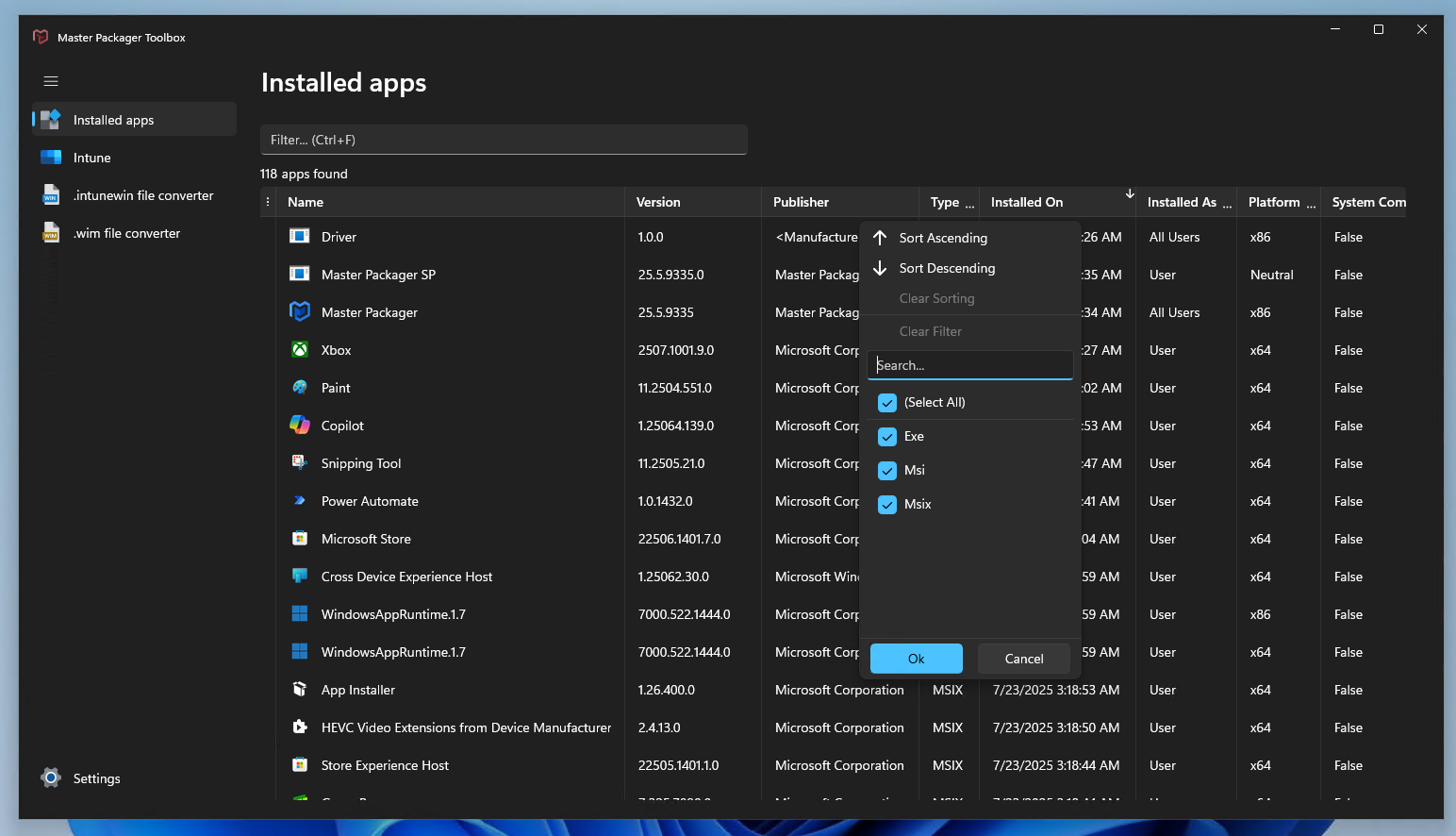 WinUI Table view in Master Packager Toolbox
