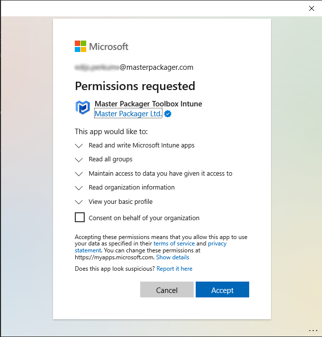 Consent and accept dialog