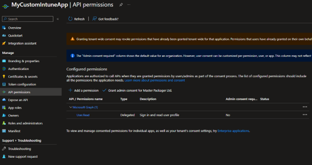 API permissions configuration
