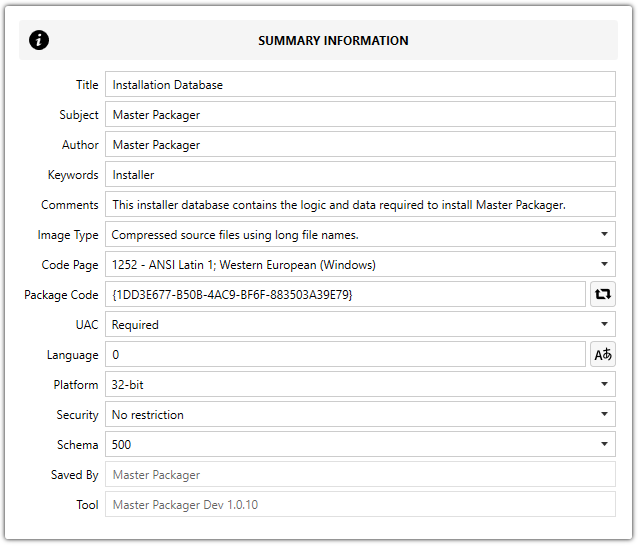 Master Packager Advanced Editor — Summary Information view