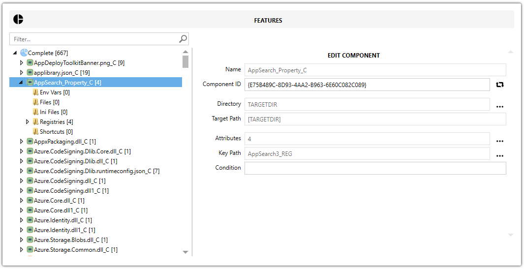 Master Packager Advanced Editor - Features view