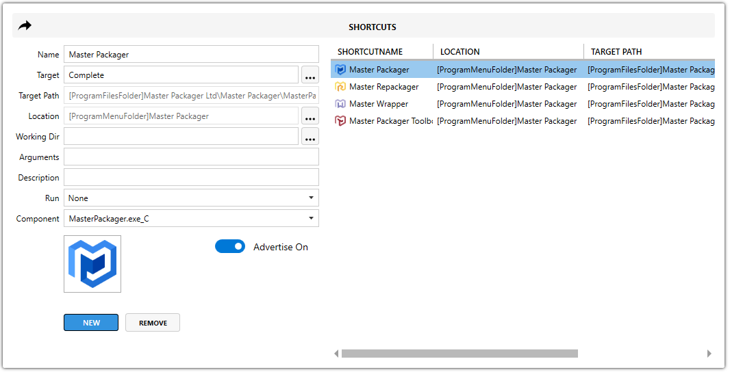 Master Packager Advanced Editor - Shortcuts view