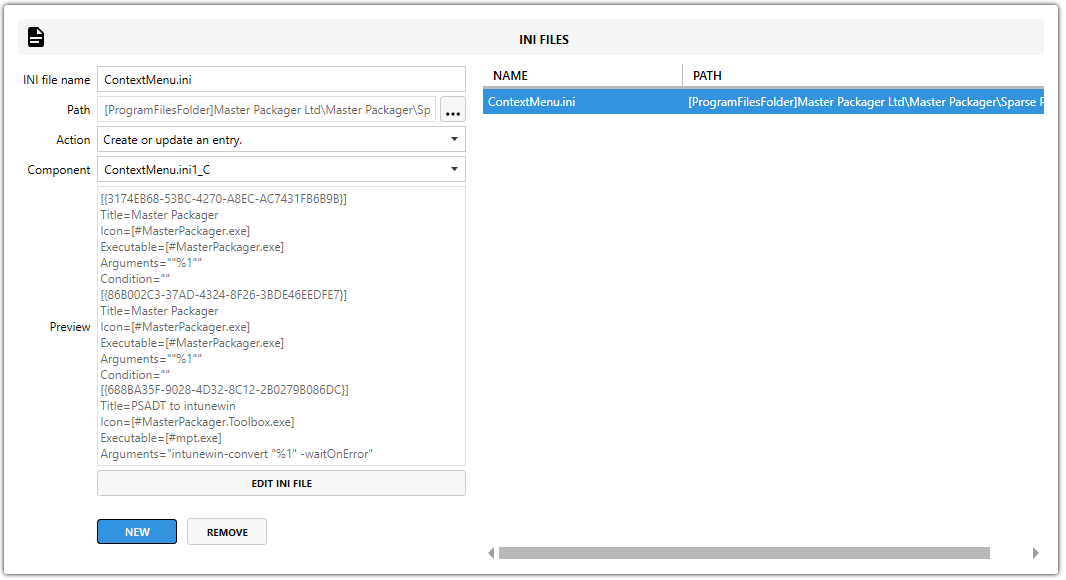 Master Packager Advanced Editor - INI files view