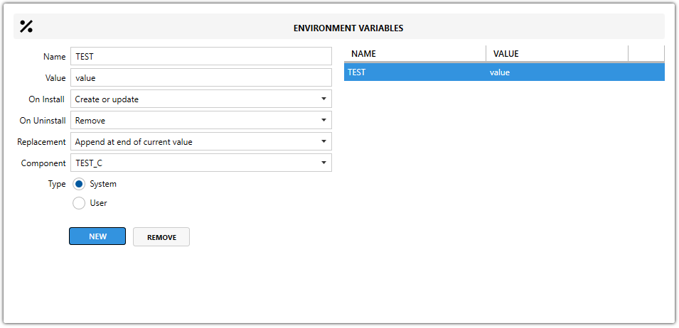 Master packager Advanced Editor - Environment Variables view