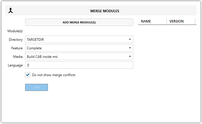 master Packager Advanced Editor - Merge Modules view