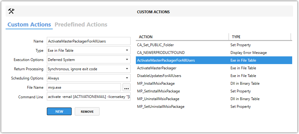Master Packager Advanced Editor - Custom Actions view