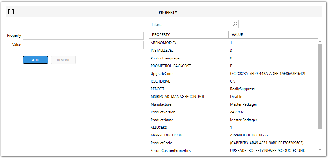 Master Packager Advanced Editor - Property view