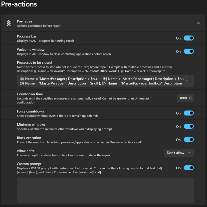 Master Wrapper Pre-Actions section