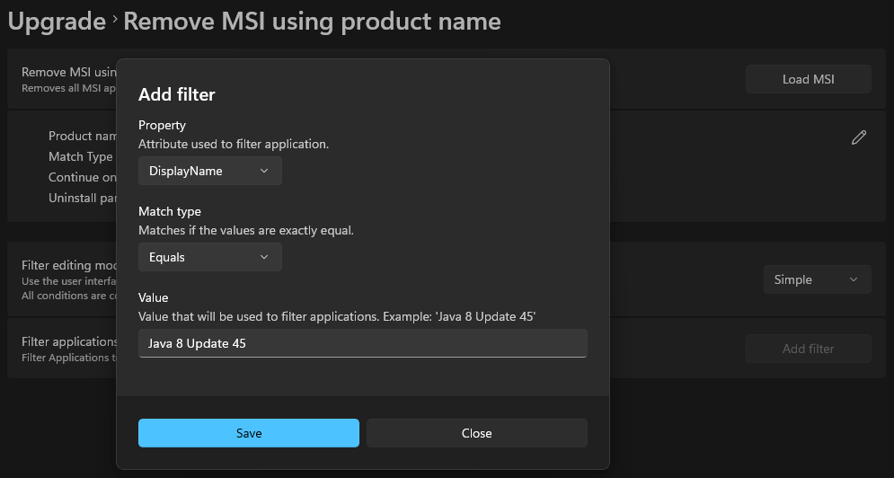 Filter option in Master Wrapper Upgrade — Remove MSI using product name