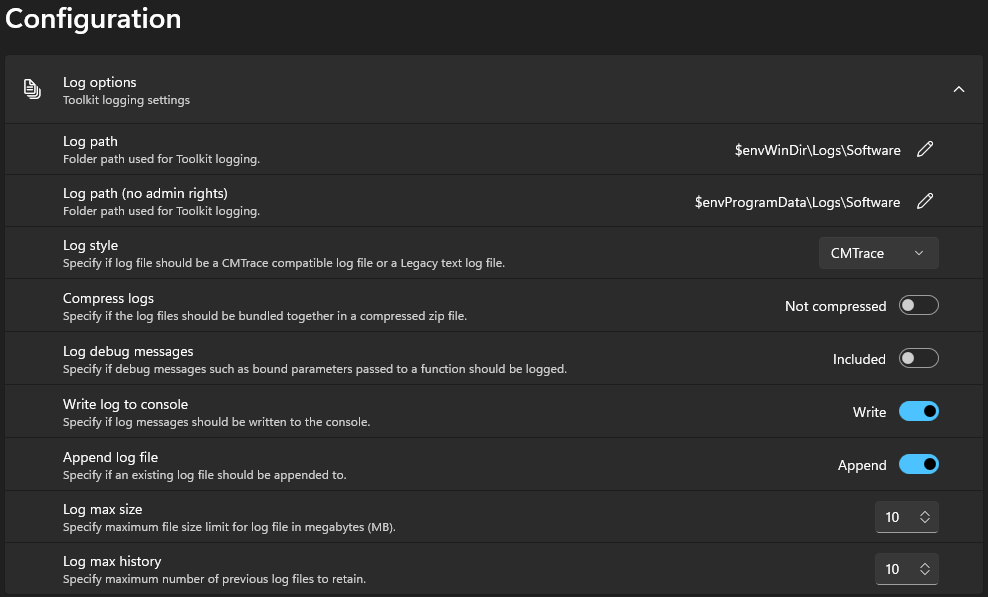 Log options — Master Wrapper Configuration
