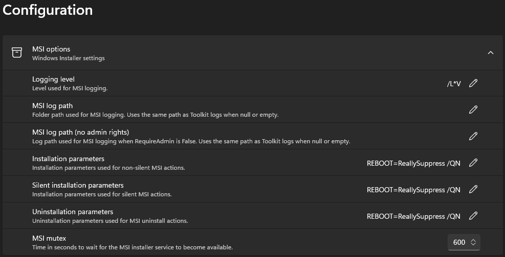 MSI options — Master Wrapper Configuration
