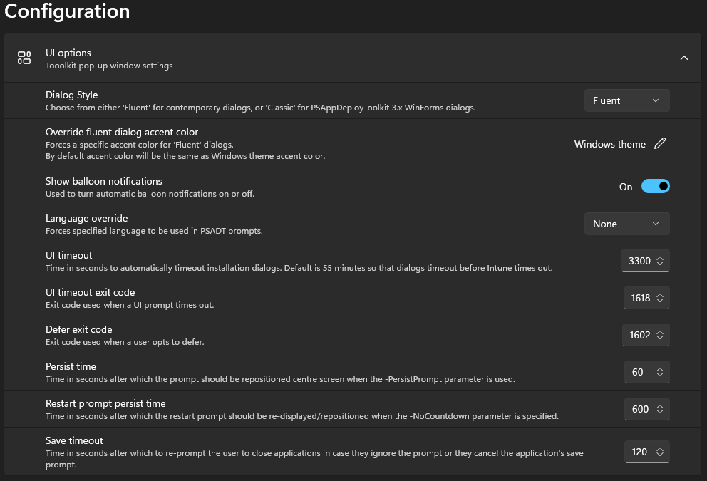 UI options — Master Wrapper Configuration