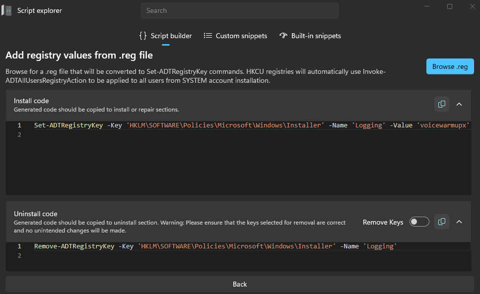Add registry values from .reg file — Script Builder