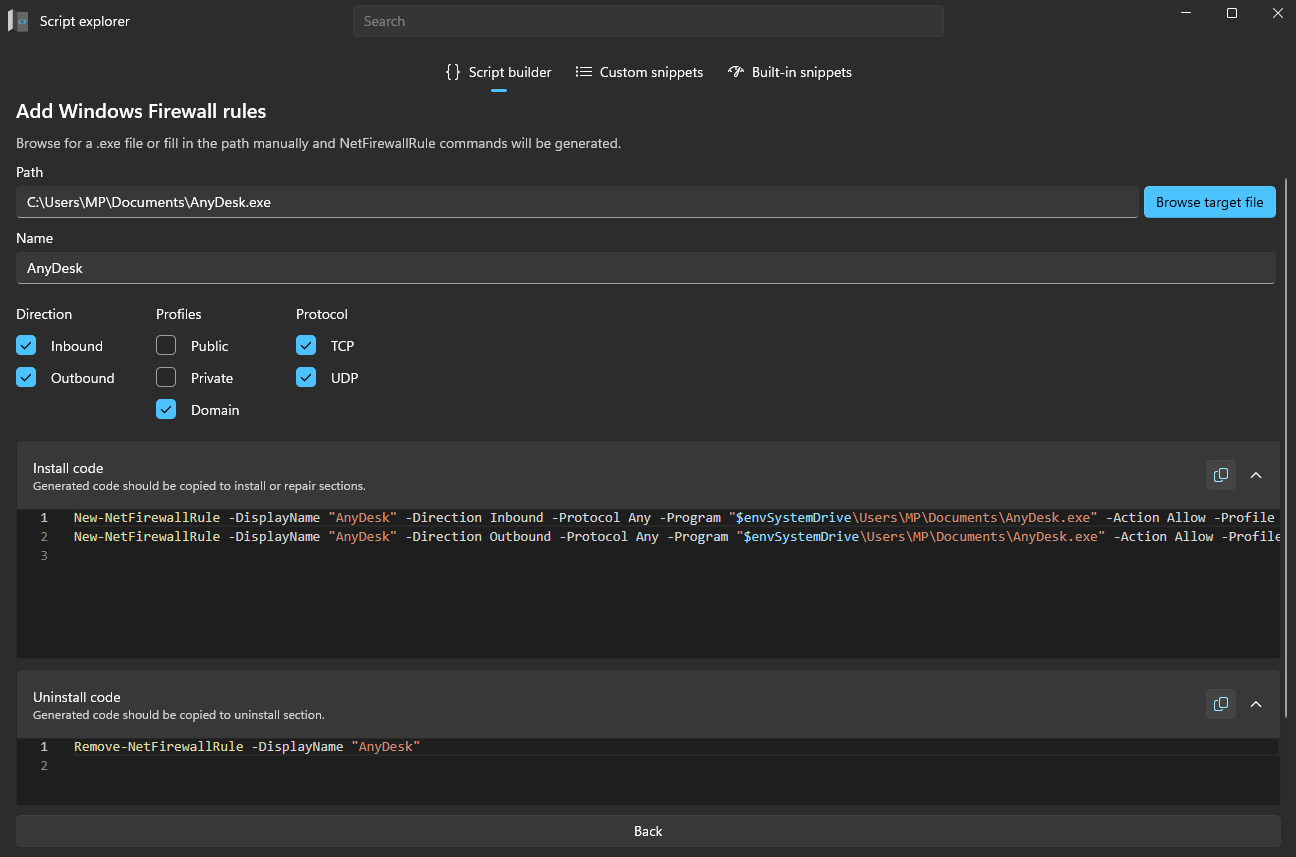 Add Windows Firewall rules — Script Builder