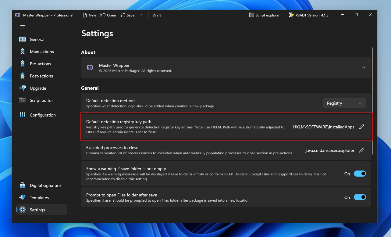 Detection registry key path settings