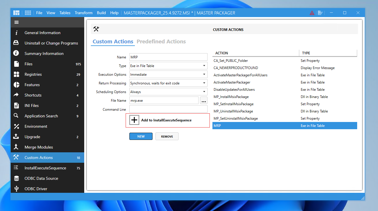 Add Custom Action to InstallExecuteSequence table