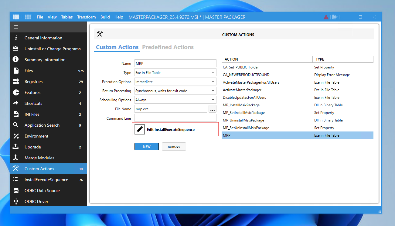 Edit Custom Action to InstallExecuteSequence table