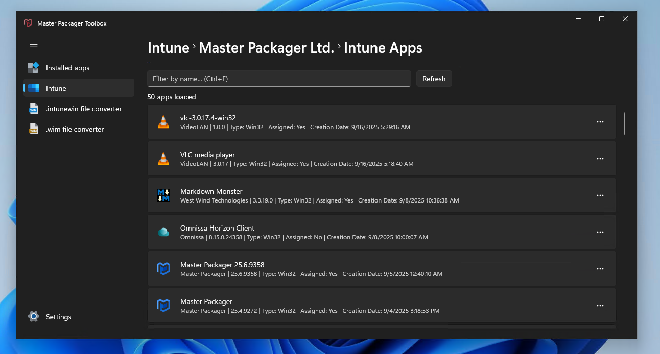 List view with all Intune apps that can be filter searched