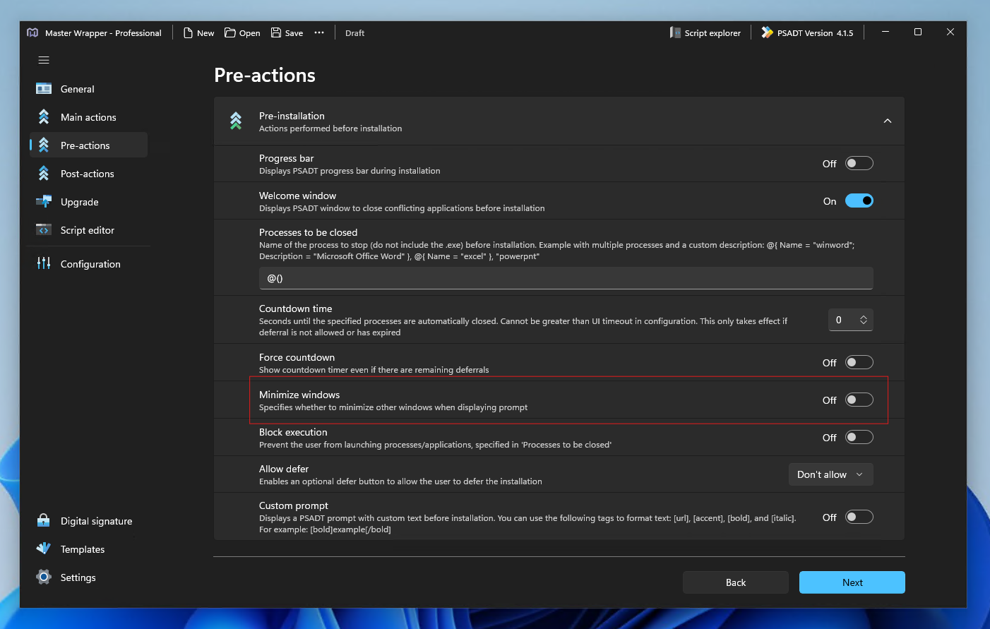 Minimize windows settings in Master Wrapper