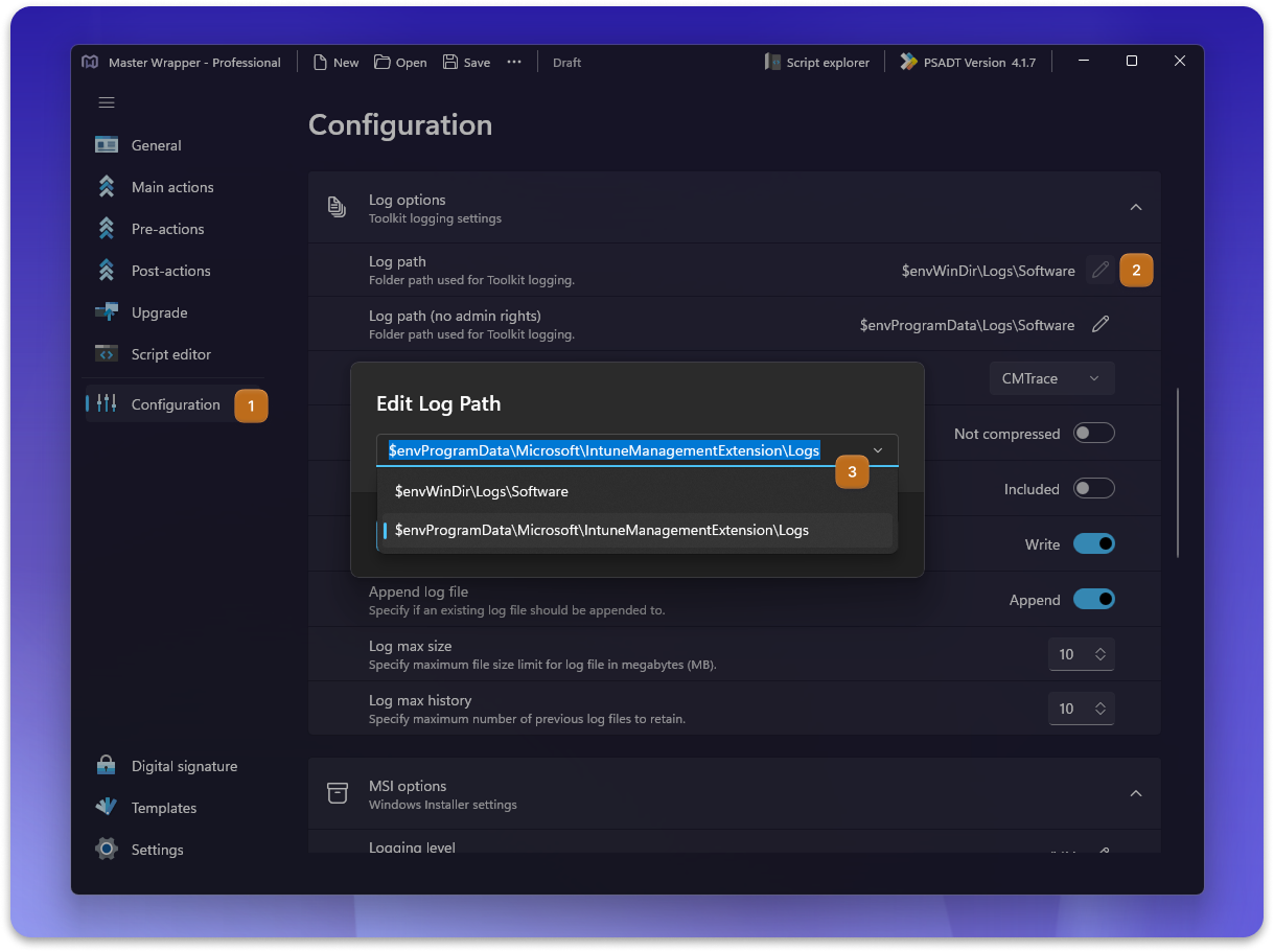 Master Wrapper Configuration option having option of preferred Intune log location.