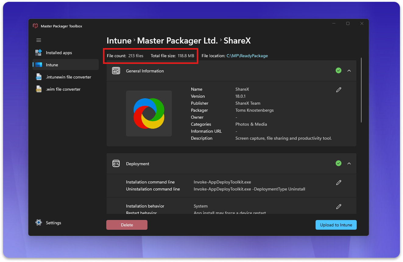 File count and file size info in Master Packager Toolbox when uploading a package to Intune.