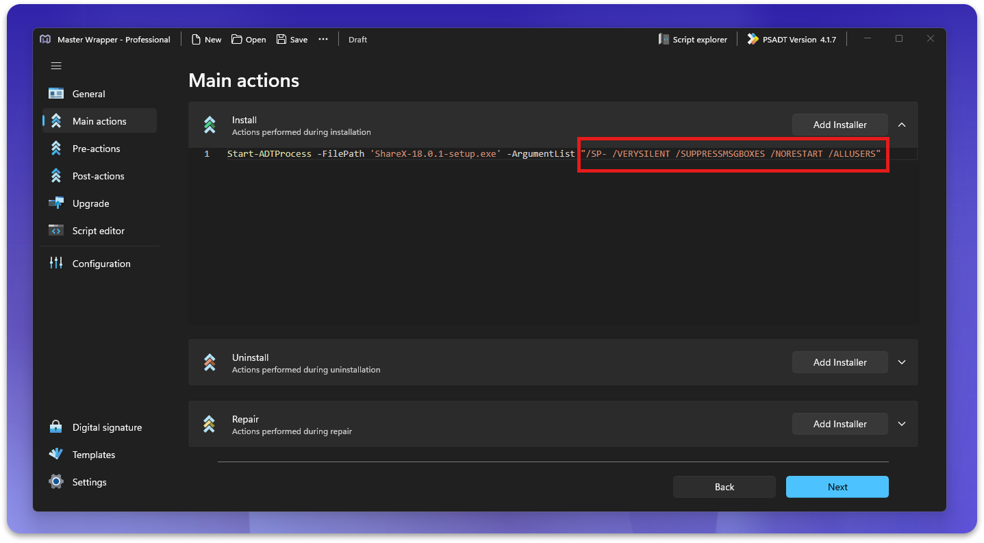 Automatically added silent install command line for various exe packaging frameworks.