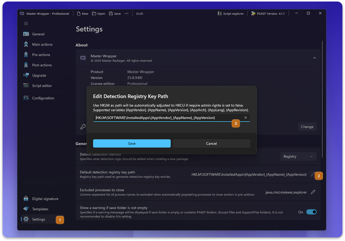 Support for variables in detection registry key path in Master Wrapper.