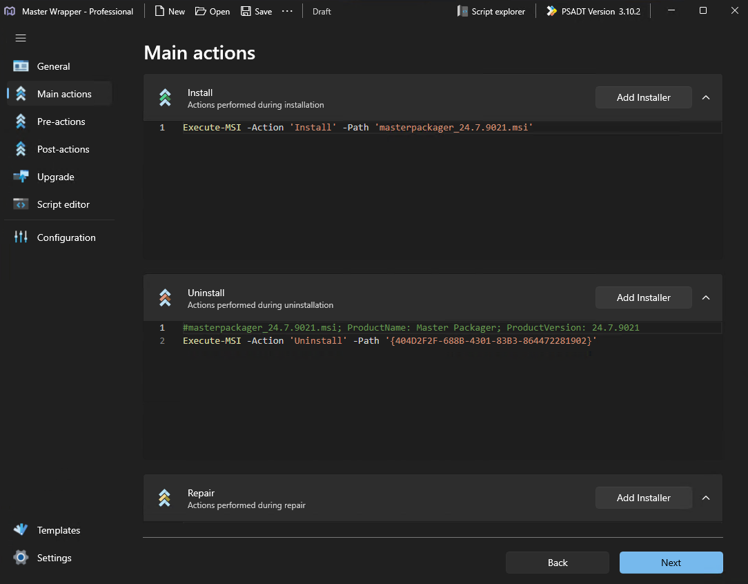 Master Wrapper Main Actions — Install, Uninstall, and Repair sections