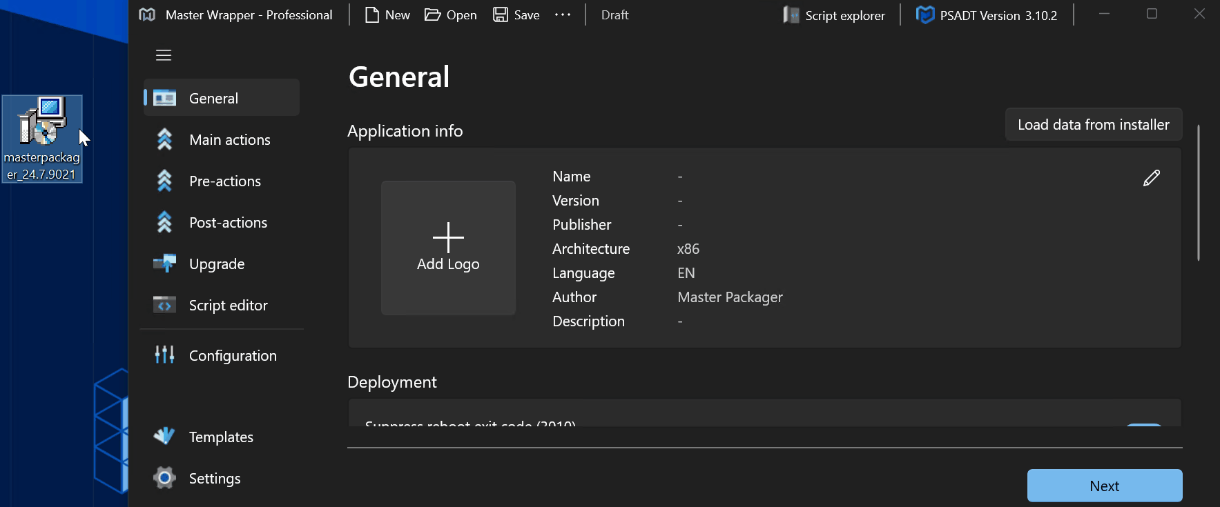 Master Wrapper General page — drag and drop an MSI file for auto-filling information