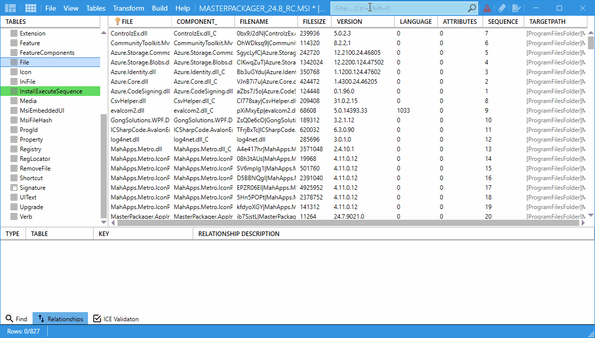 Master Packager Table Editor - Table Filter