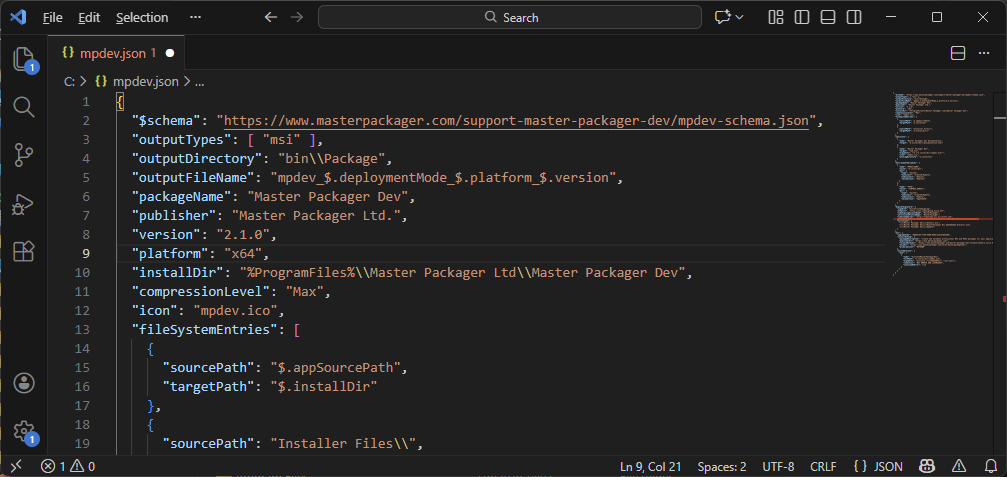 Picture of Visual Studio Code showing JSON file with $schema property usage.